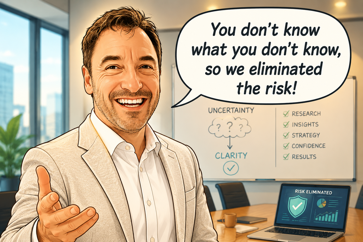 Business leader gesturing beside a whiteboard: 'You don’t know what you don’t know, so we eliminated the risk!' — uncertainty mapped to clarity, research, insights, strategy, confidence, and results.