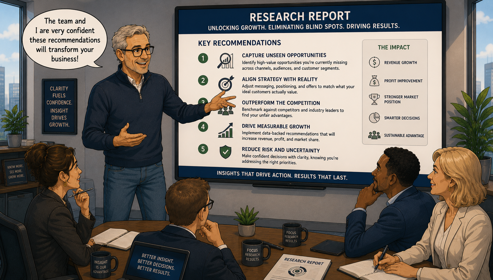 Presenter sharing a 'Research Report — Unlocking Growth. Eliminating Blind Spots. Driving Results.' screen of five key recommendations and impact metrics with a confident team: 'The team and I are very confident these recommendations will transform your business!'