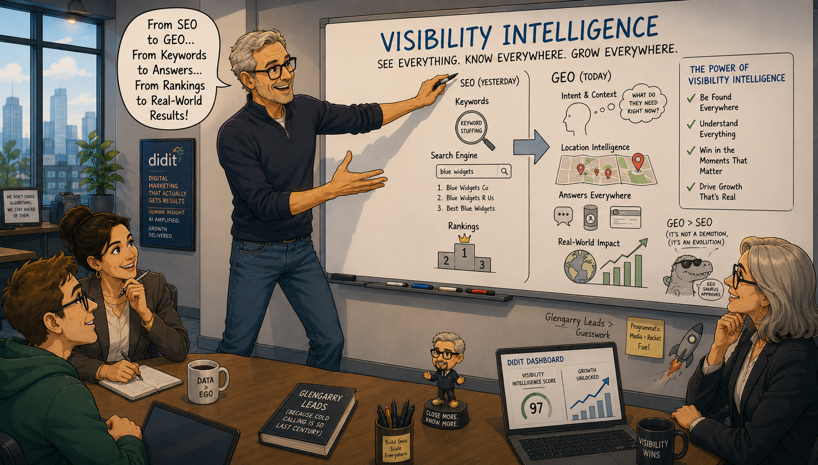 Presenter at a 'Visibility Intelligence — See Everything. Know Everywhere. Grow Everywhere.' whiteboard contrasting SEO (yesterday: keywords, rankings) with GEO (today: intent, location intelligence, answers everywhere, real-world impact), with a didit dashboard showing a 97 visibility score: 'From SEO to GEO... from keywords to answers... from rankings to real-world results!'